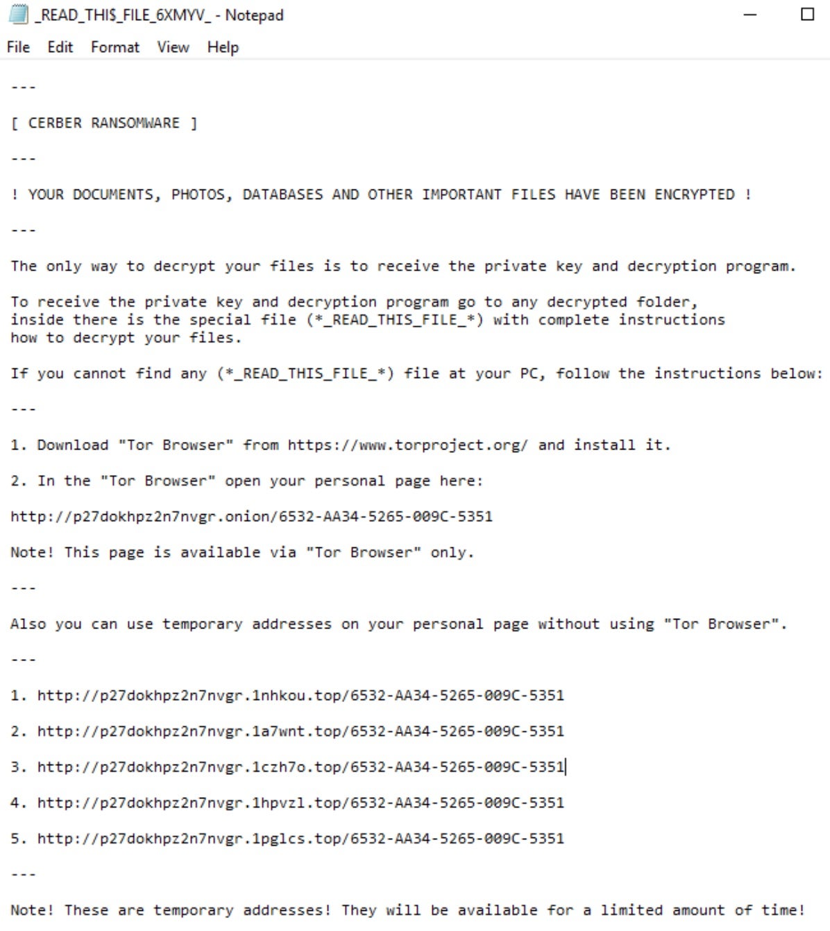 Cerber Ransomware - Readme Text | SentinelOne