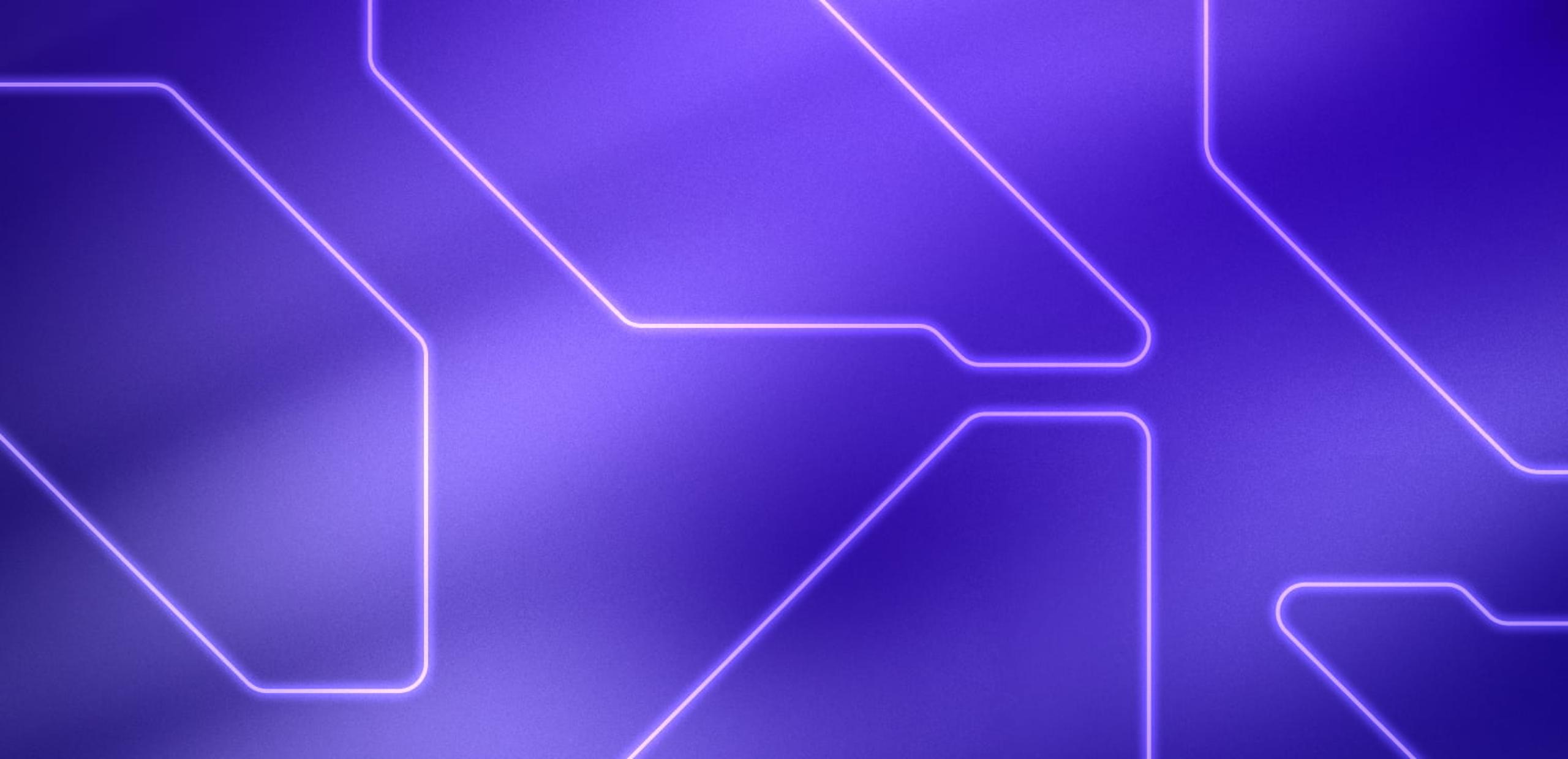 Abstract purple gradient background with thin glowing lavender-white connected geometric line shapes resembling circuit paths