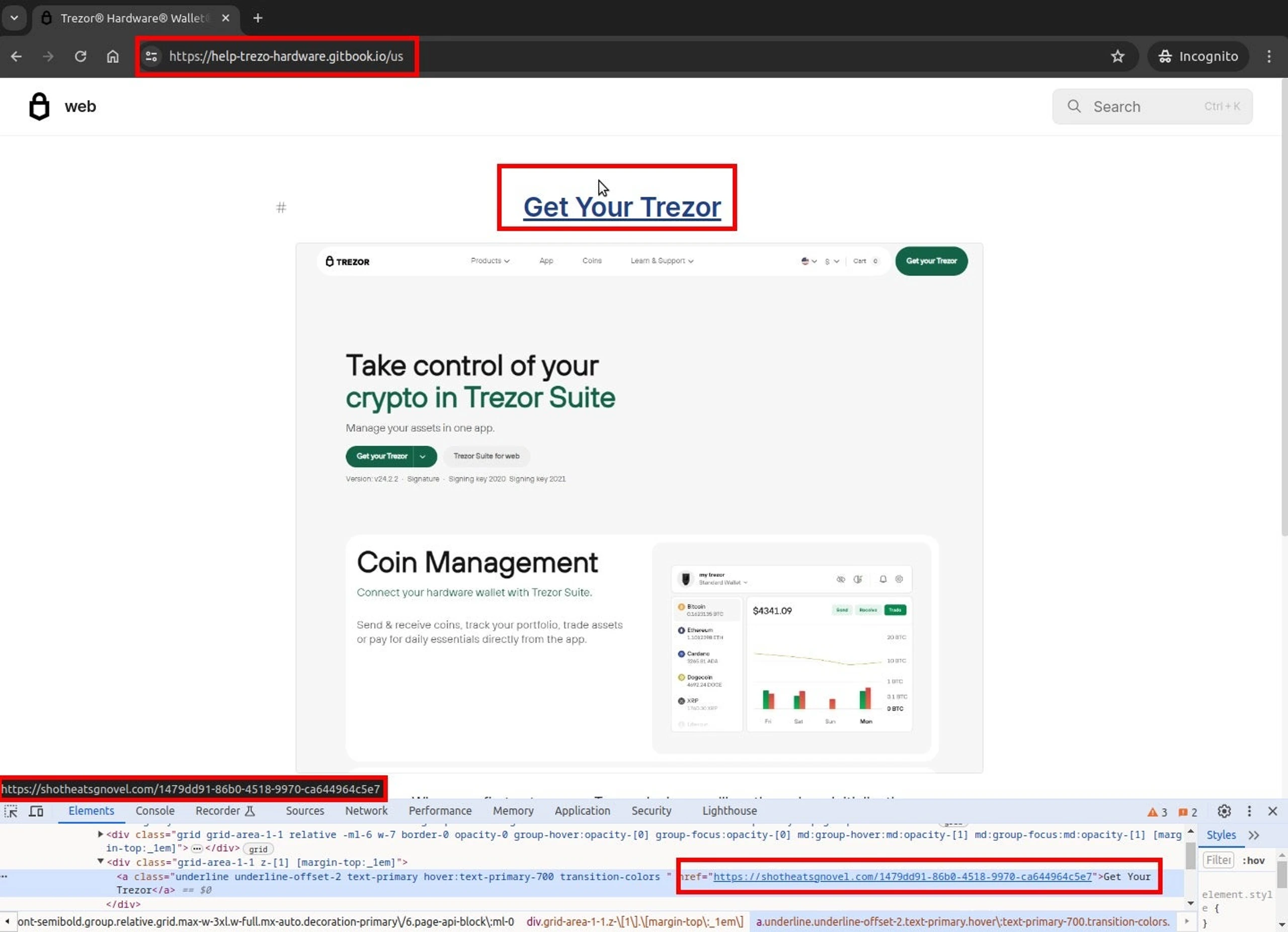Lure page linking to phishing page