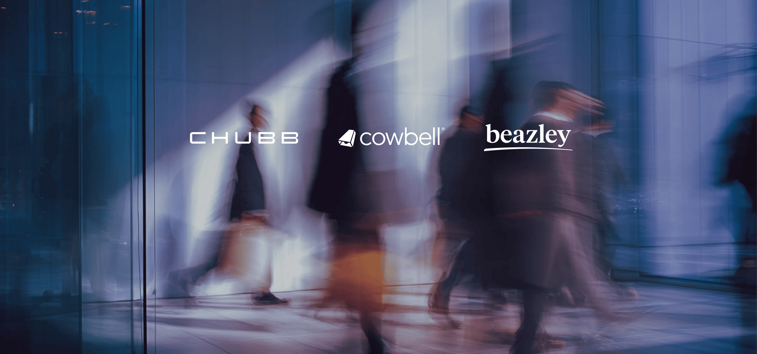 Blurred blue scene of people moving in a glass corridor with CHUBB, cowbell, and beazley brand logos across the middle