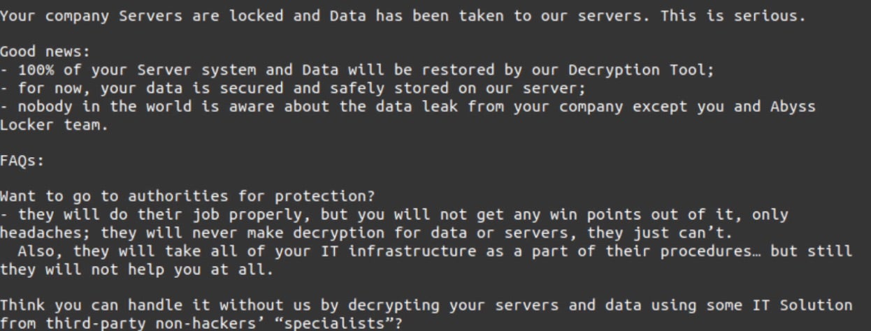 Abyss Locker Ransomware - Note | SentinelOne