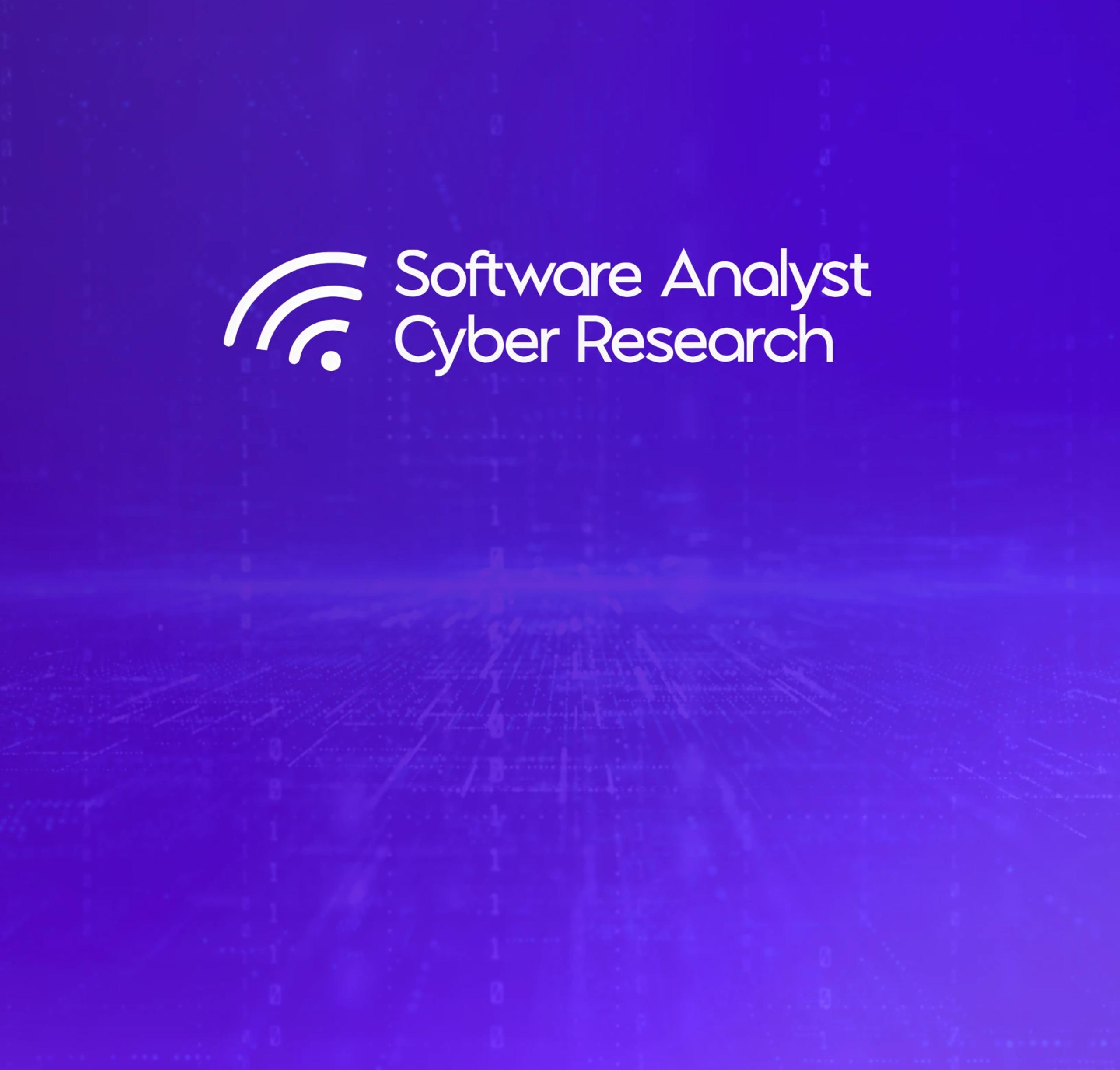 Purple gradient tech background with white wireless-signal logo and text Software Analyst, Cyber Research