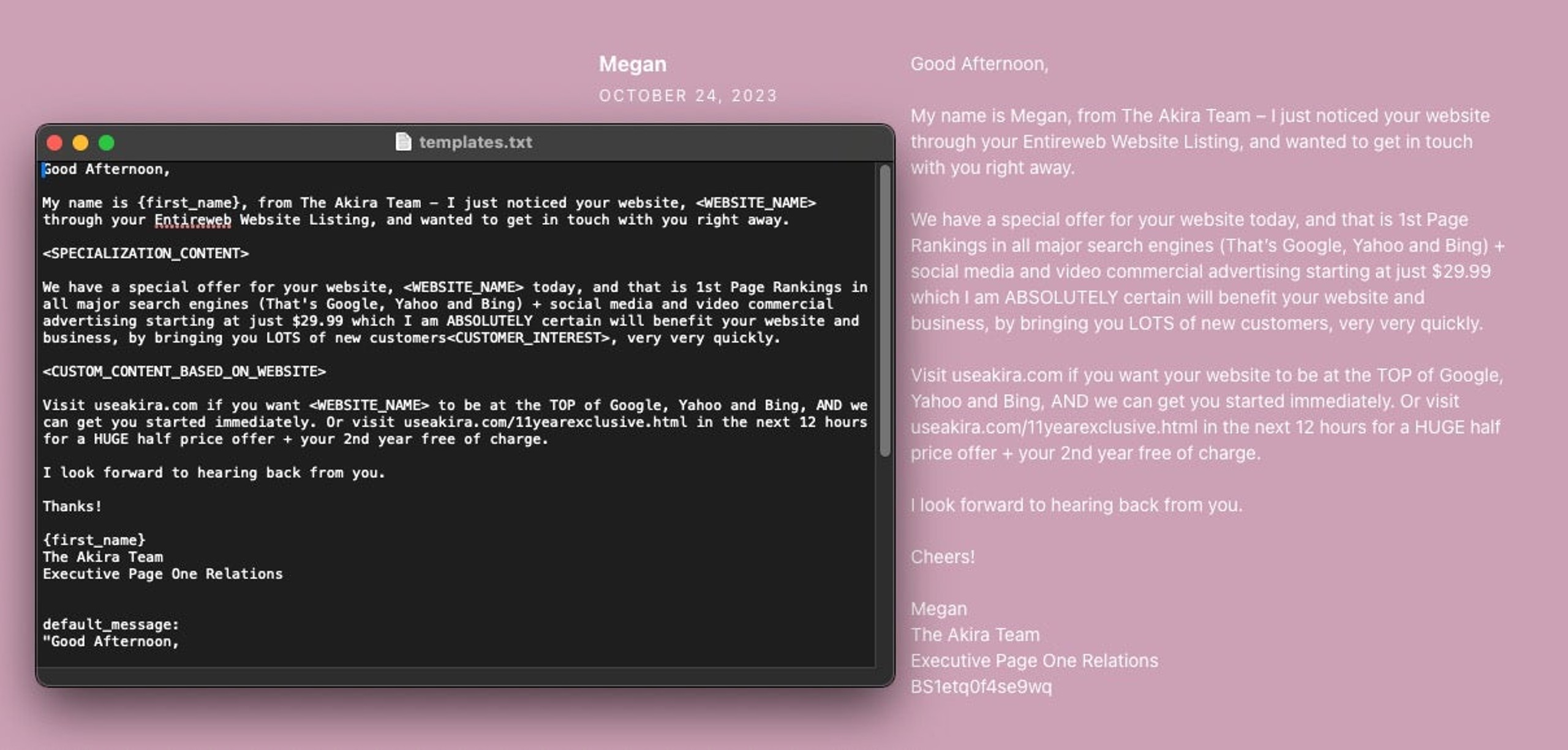 Spam comment on website from 2023 and content from AkiraBot templates.txt file