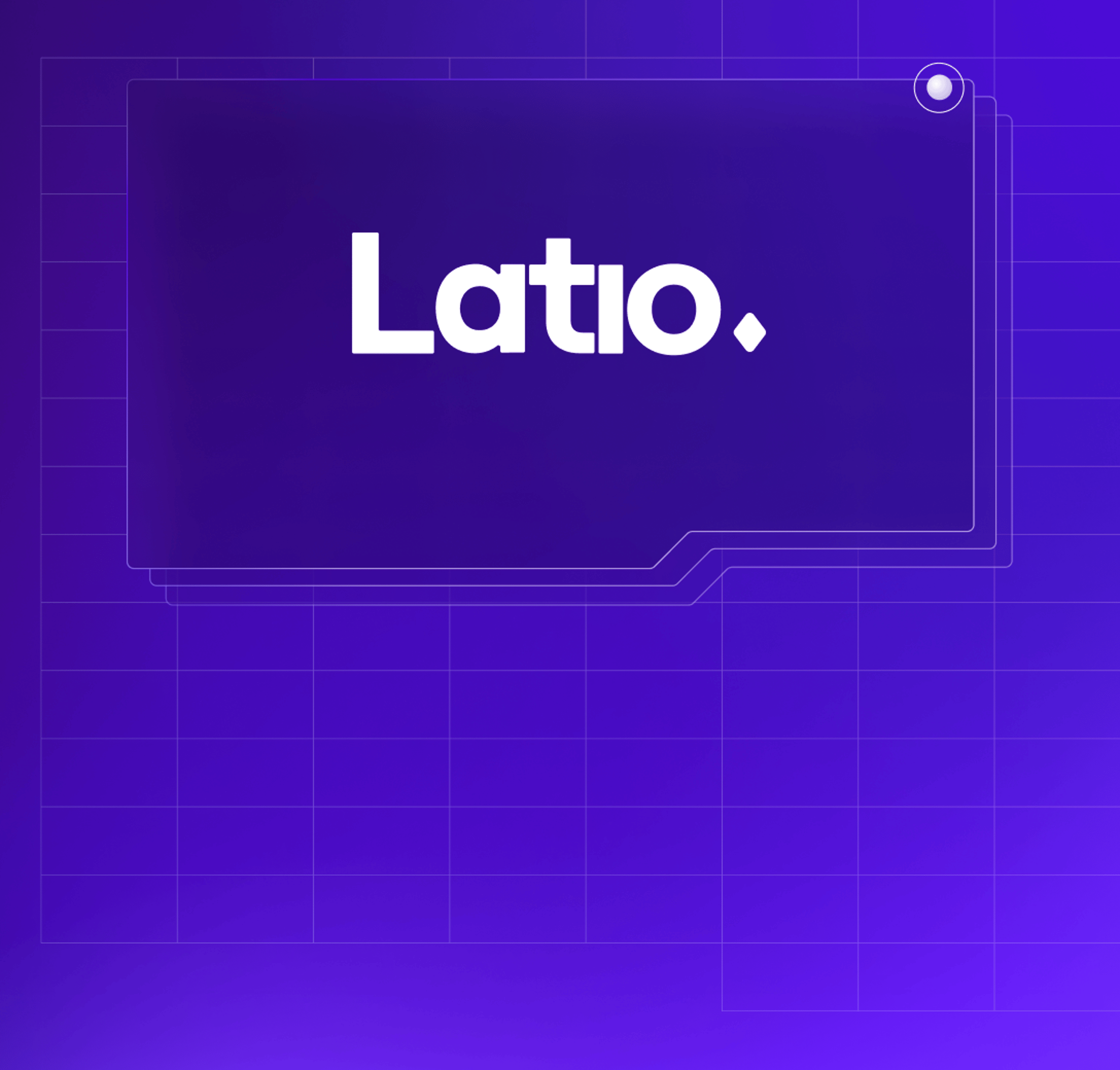 Purple grid background with central dark-purple panel; stepped bottom cutout and “Latio” cursive in white
