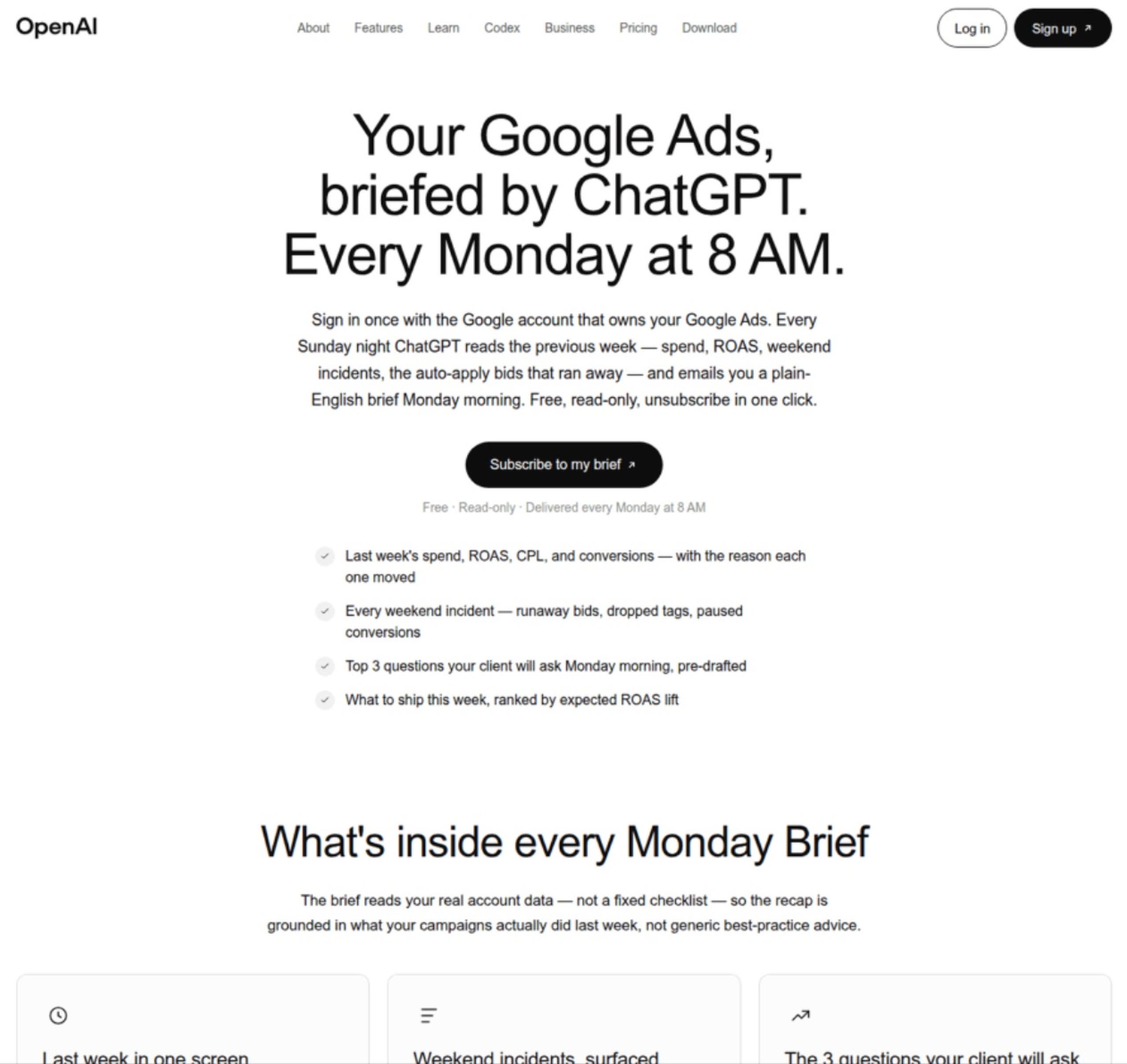 Clean webpage screenshot with OpenAI header links, Log in/Sign up buttons, headline and weekly Google Ads brief details plus bullets and CTA Subscribe to my brief