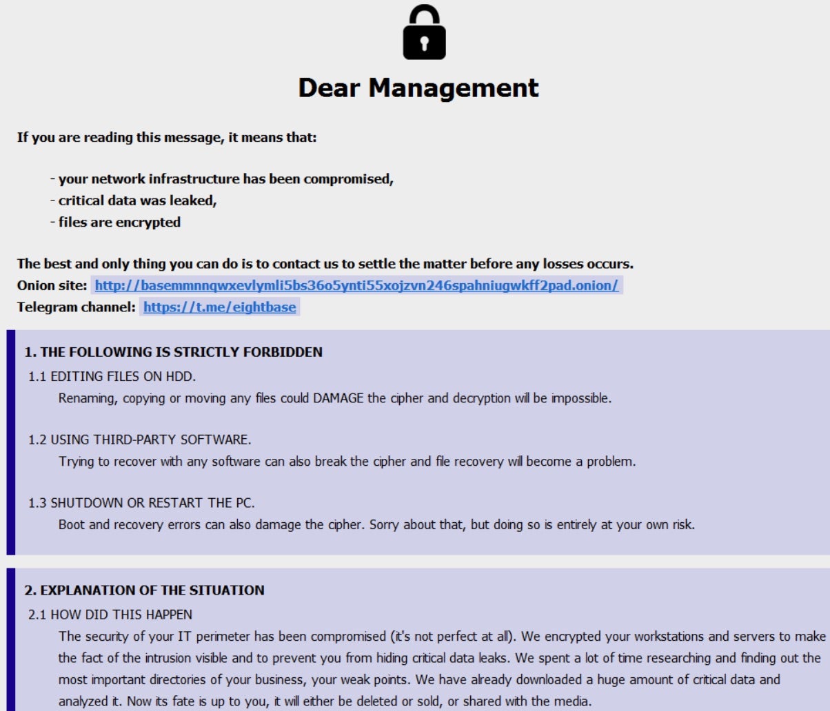 8Base Ransomware - Note 2 | SentinelOne