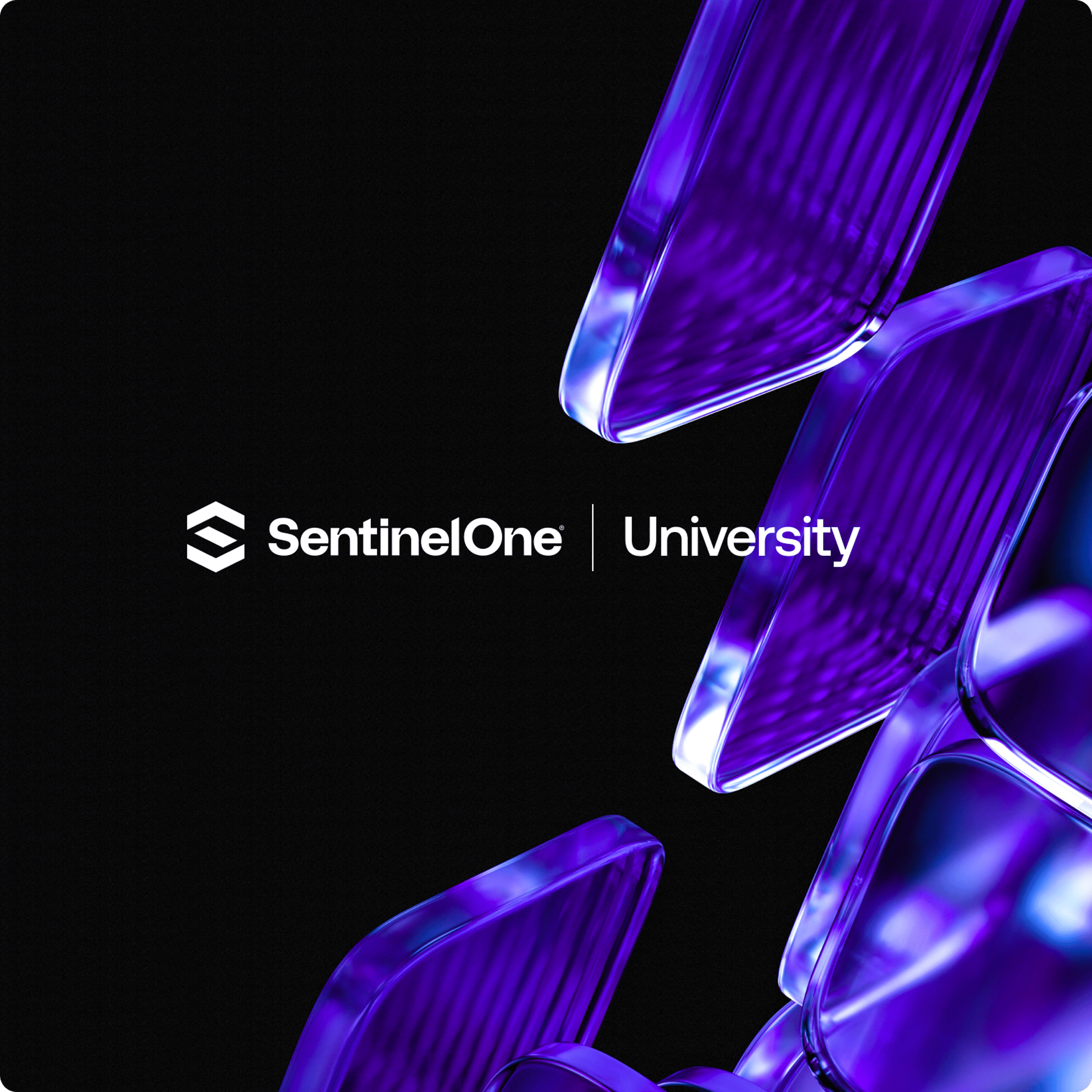 SentinelOne | University wordmark on black background with vertical divider and stylized geometric S icon, plus glossy purple abstract shapes
