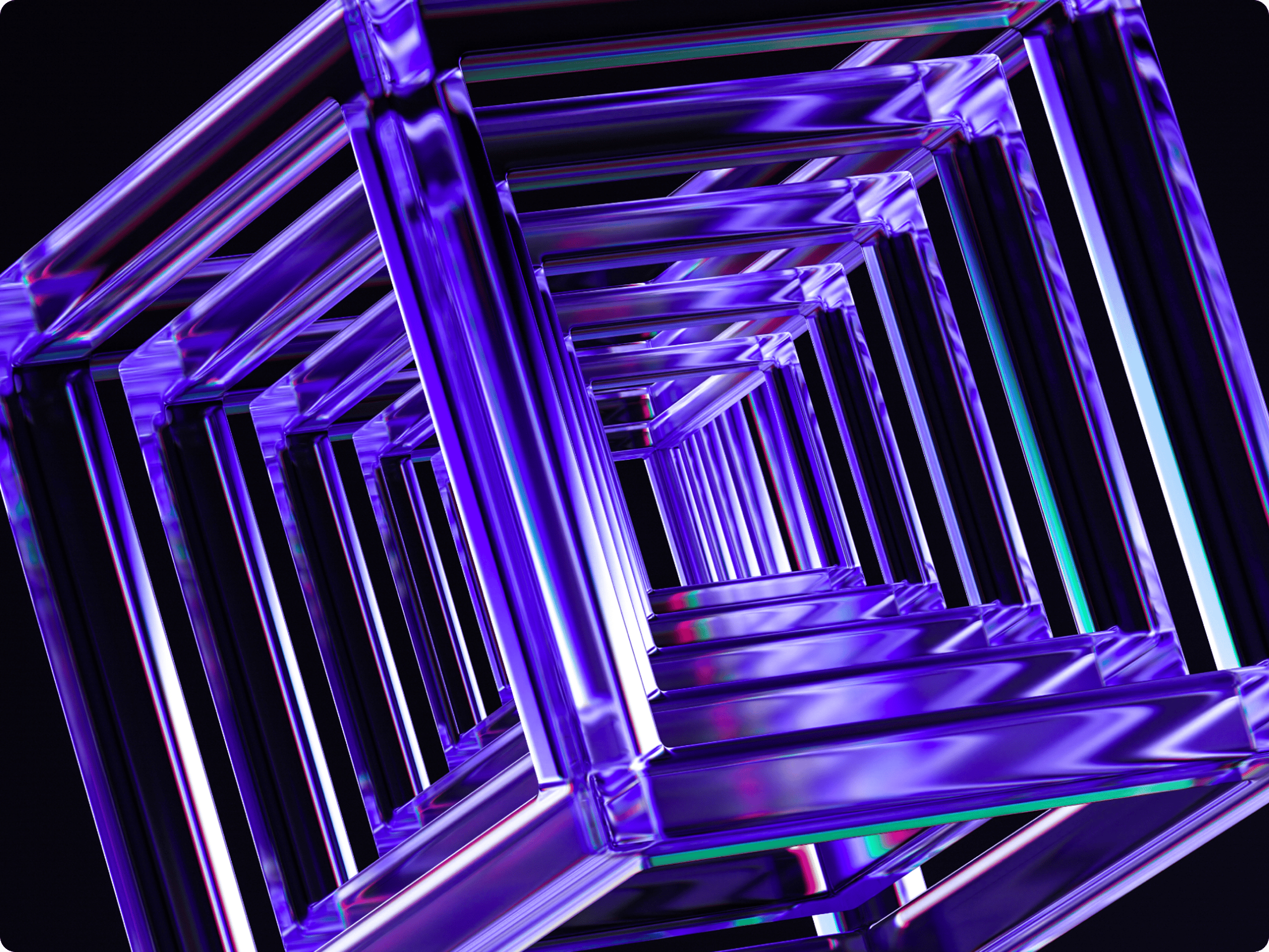 Abstract tunnel of nested transparent rectangular frames in purple, violet, and blue with a bright central opening on a dark background