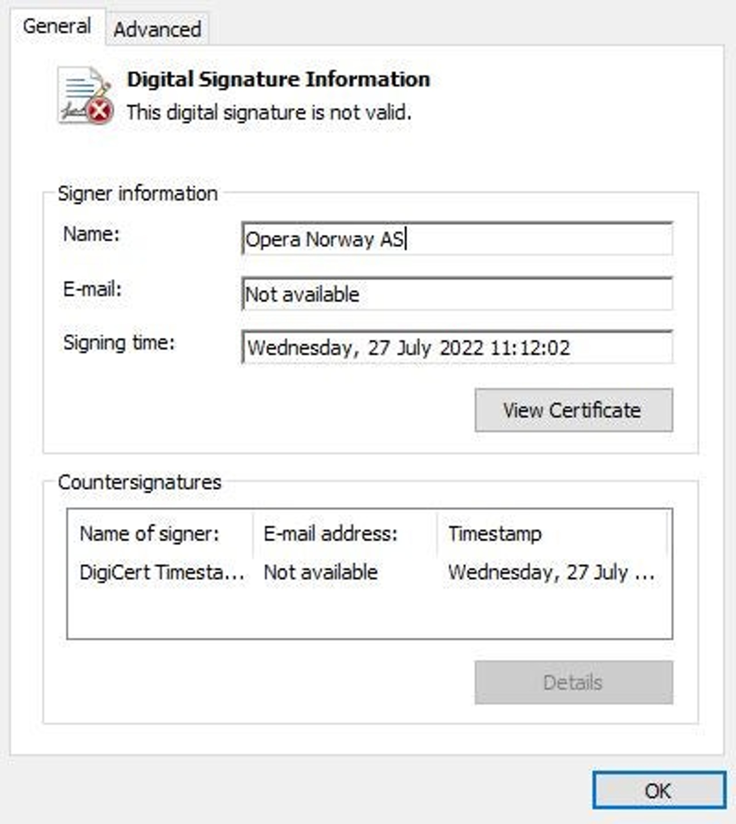 The digital signature of Launcher.exe