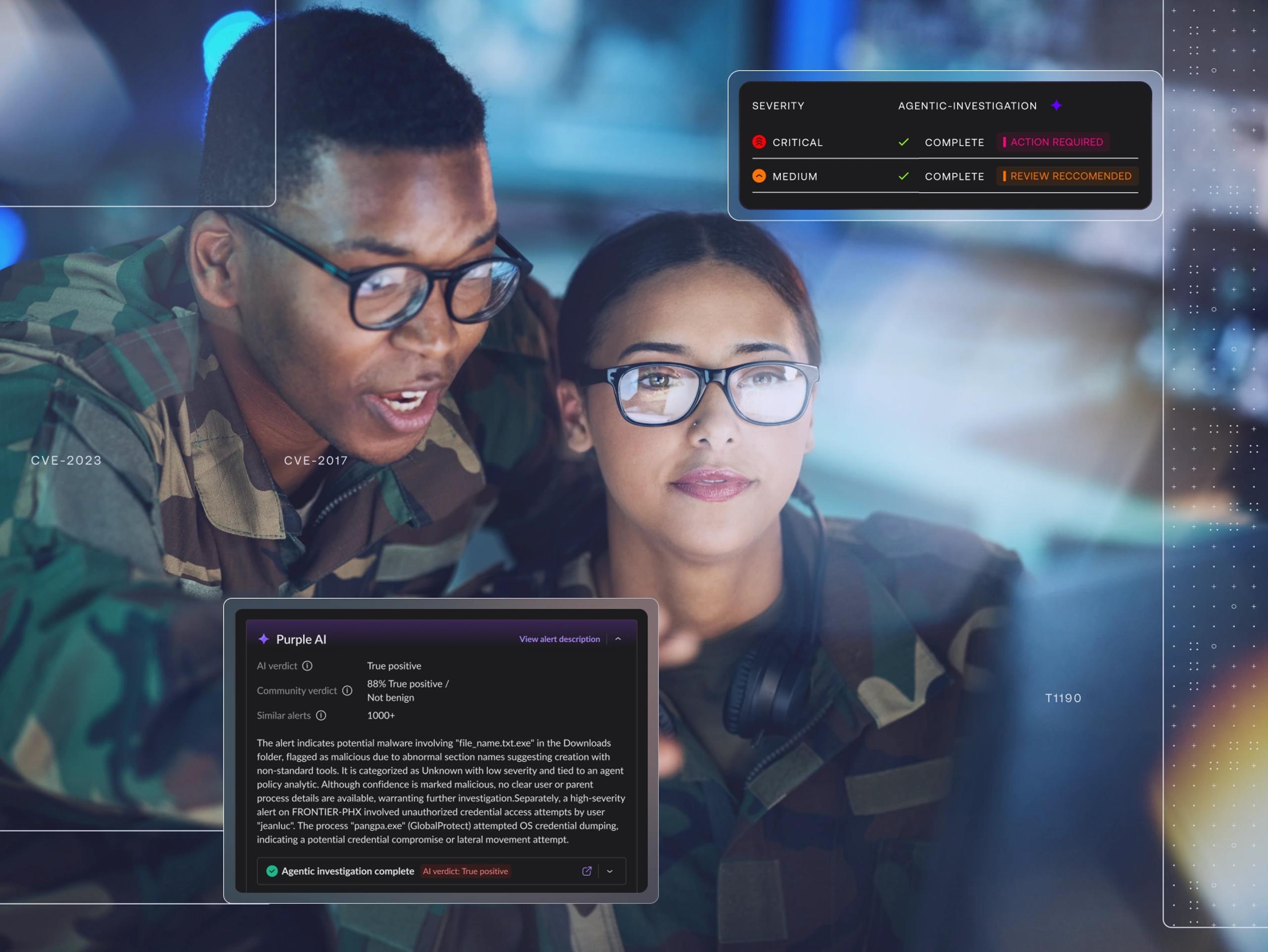 Two people in camouflage uniforms with a semi-transparent UI panel labeled “Singularity Response Trigger” showing “Create Issue” and “Is Remediations”