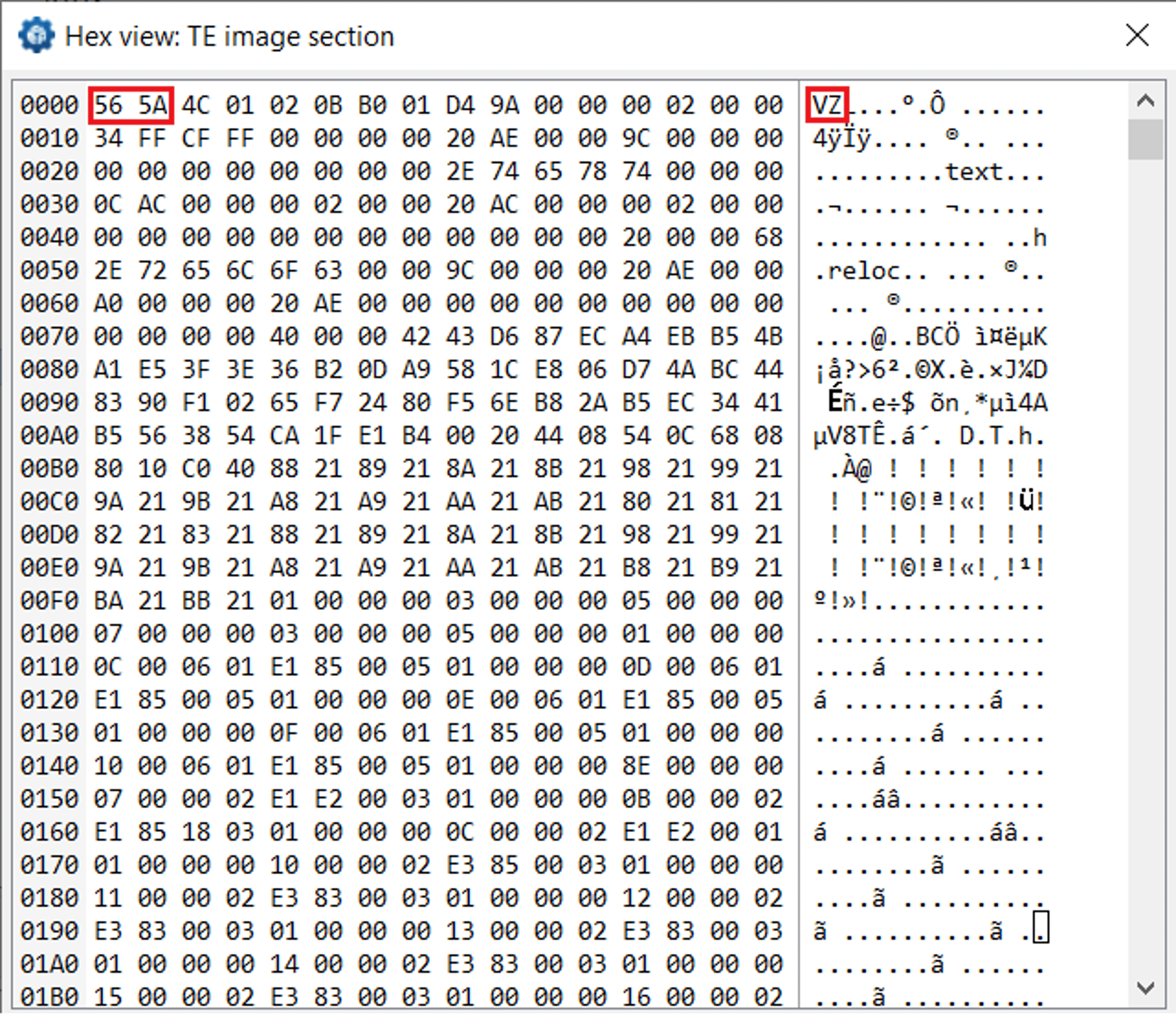 Figure 4 - TE files can be easily recognized by the ‘VZ’ magic signature, as opposed to ‘MZ’ used by PE