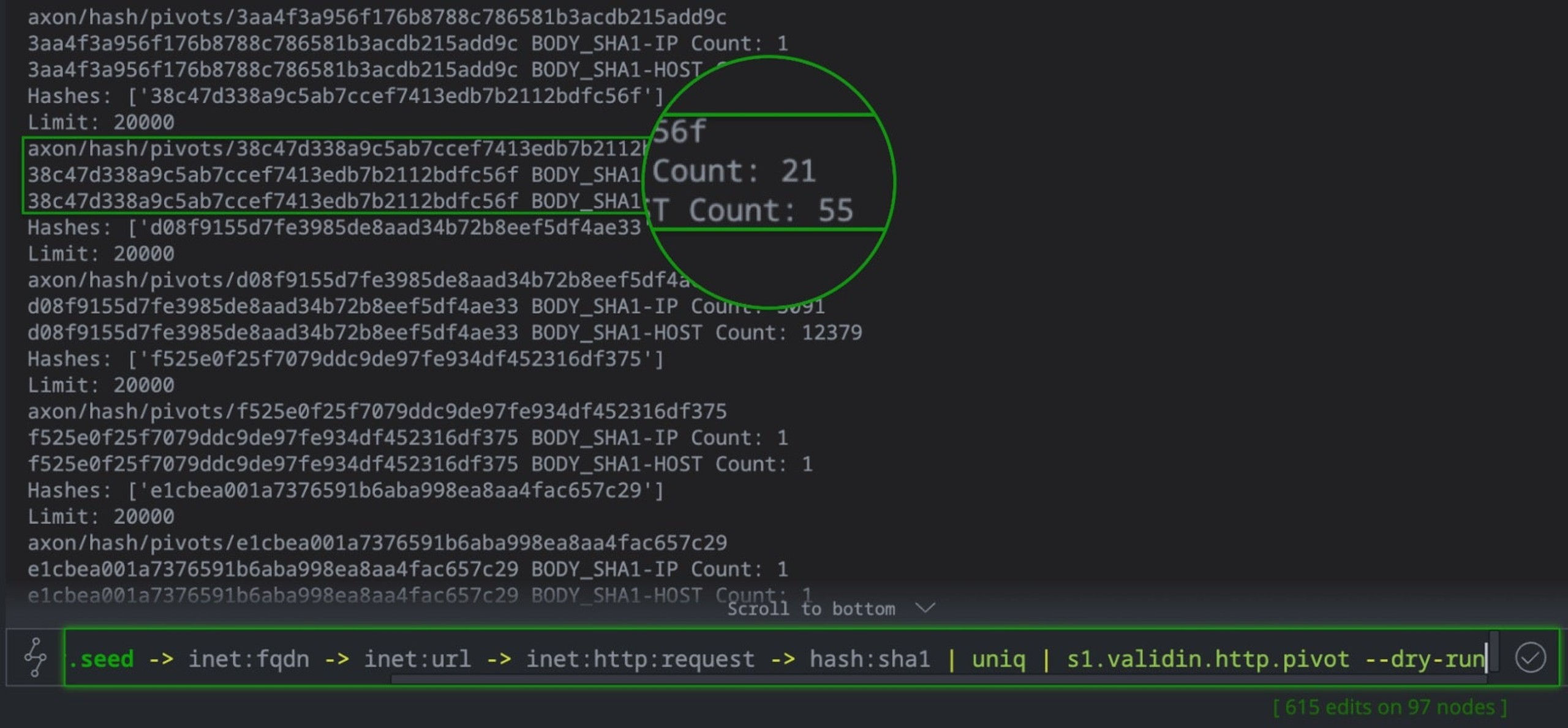 Storm console output indicates interesting pivot hashes
