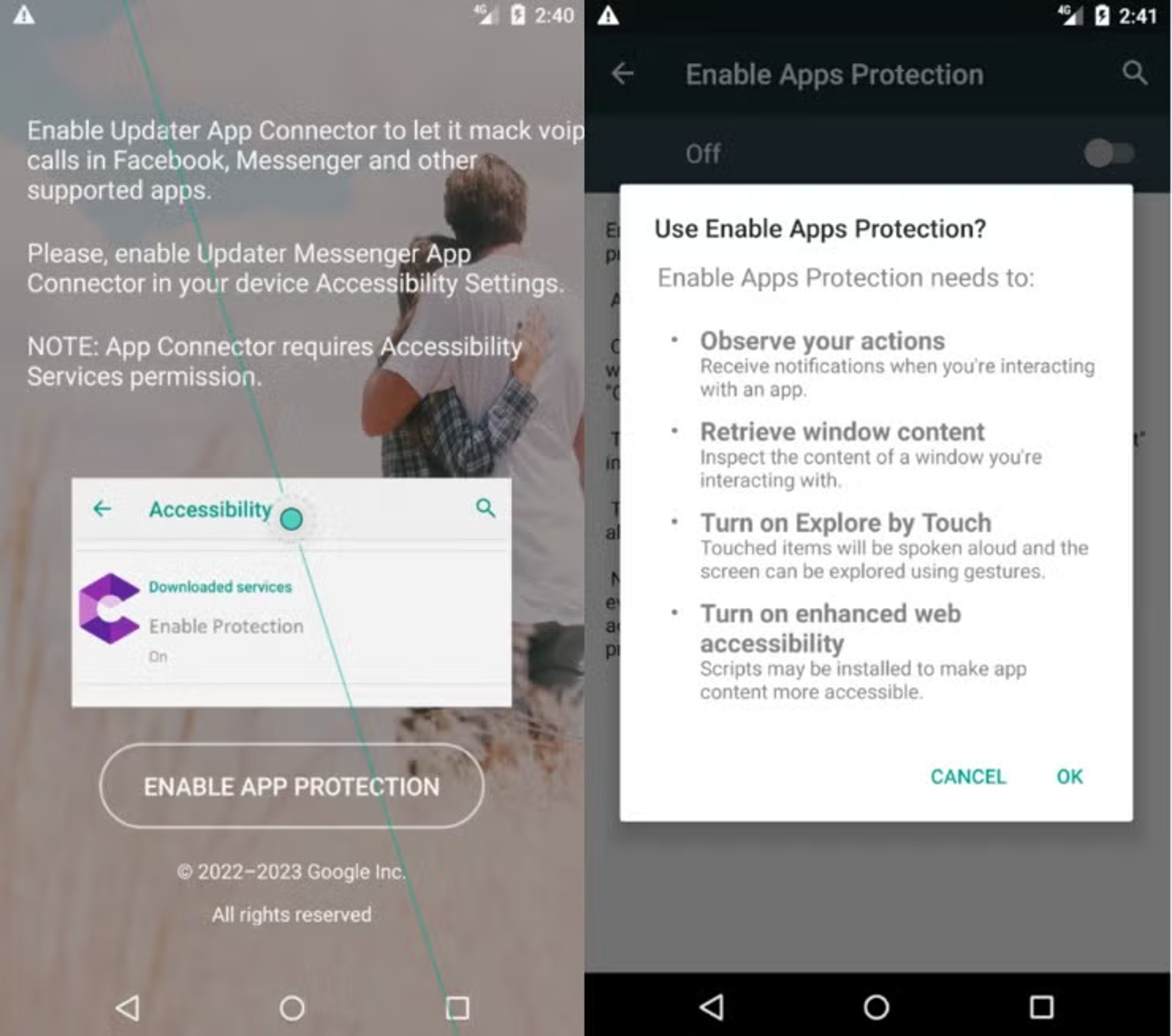 Skipped Messenger screens prompting the user to enable Accessibility features