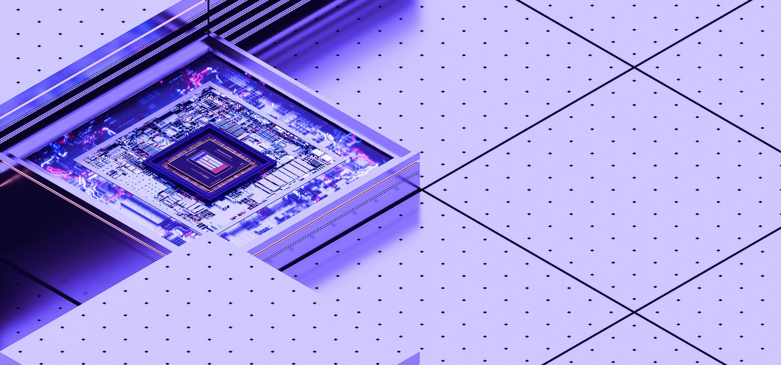 Purple abstract 3D circuit-style panel on the left over a tiled lavender surface with a repeating dotted pattern