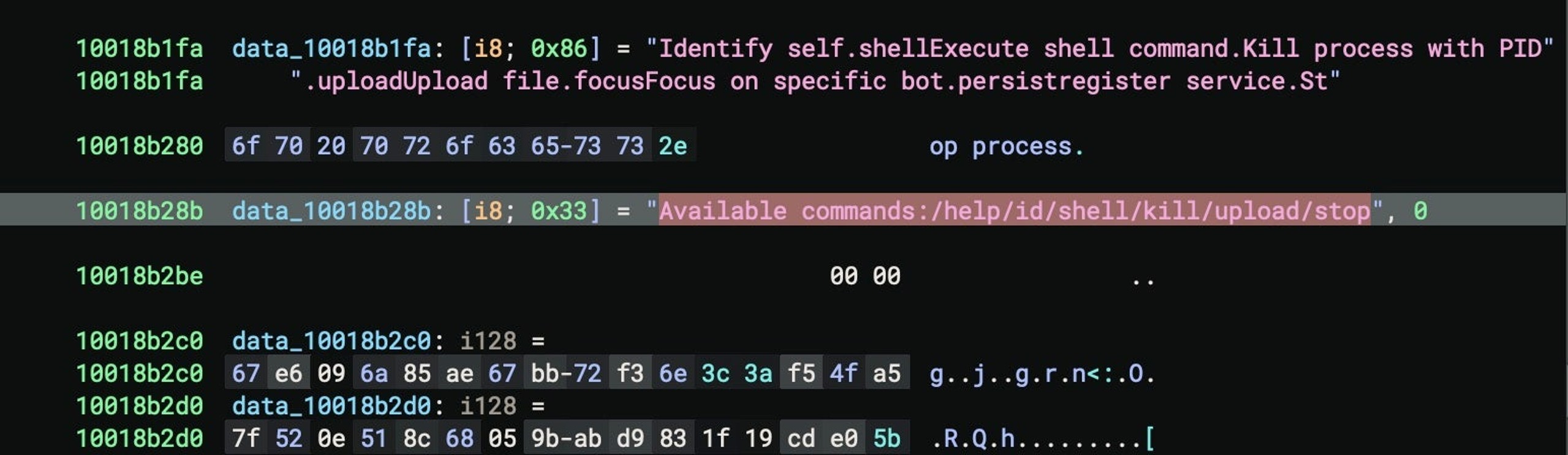 Operator command menu strings embedded in the implant