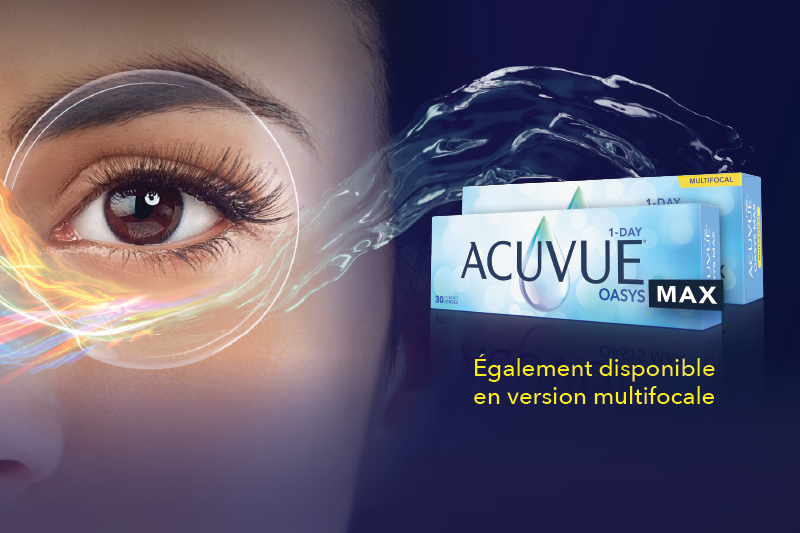 Une boîte de lentilles cornéennes Une boîte de lentilles cornéennes Acuvue Oasys Max 1 -jour et Acuvue Oasys Max Multifocal, une marque populaire reconnue pour son confort et sa clarté visuelle exceptionnels.