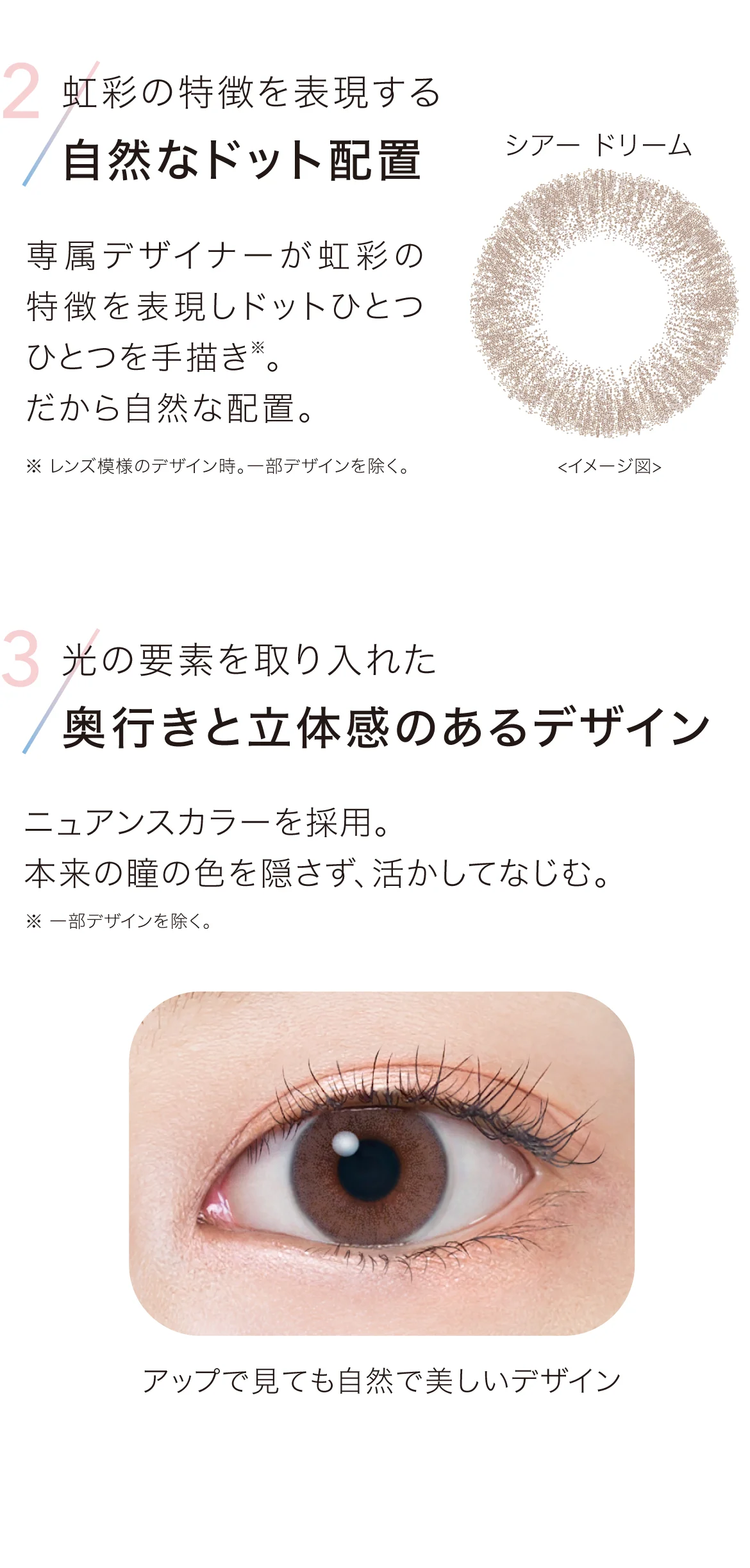 2.虹彩の特徴を表現する自然なドット配置 3.光の要素を取り入れた奥行きと立体感のあるデザイン 2.虹彩の特徴を表現する自然なドット配置 3.光の要素を取り入れた奥行きと立体感のあるデザイン