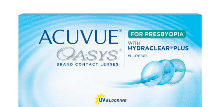 Box of ACUVUE OASYS for Presbyopia contact lenses.