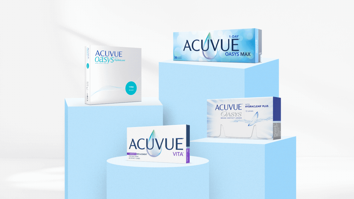 Four ACUVUE contact lens boxes on decorative pillars