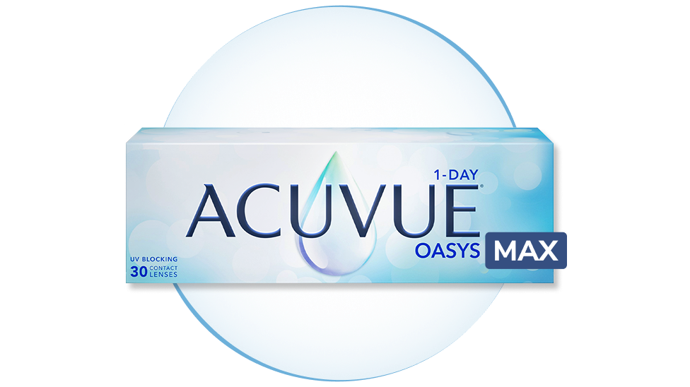 Упаковка контактных линз ACUVUE® OASYS MAX 1-DAY на фоне большой контактной линзы
