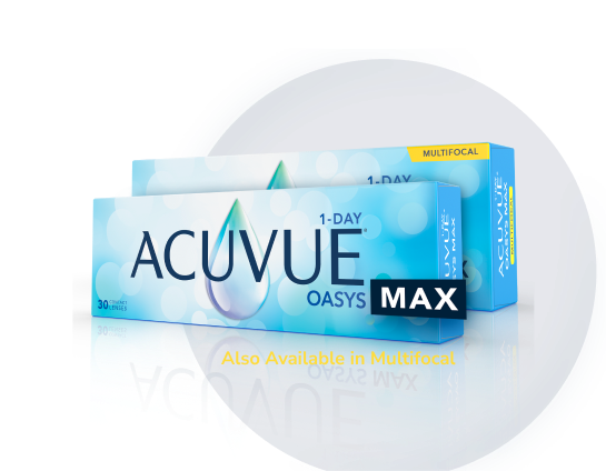 Boxes of ACUVUE® Oasys Max contact lenses.      A box of Acuvue Oasys 1-Day Max & Acuvue Oasys Max Multifocal contact lenses, a popular brand known for its exceptional comfort and visual clarity. 