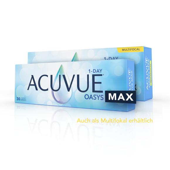 Photo de l’emballage ACUVUE® OASYS MAX 1-Day et Multifocal sur fond bleu marine