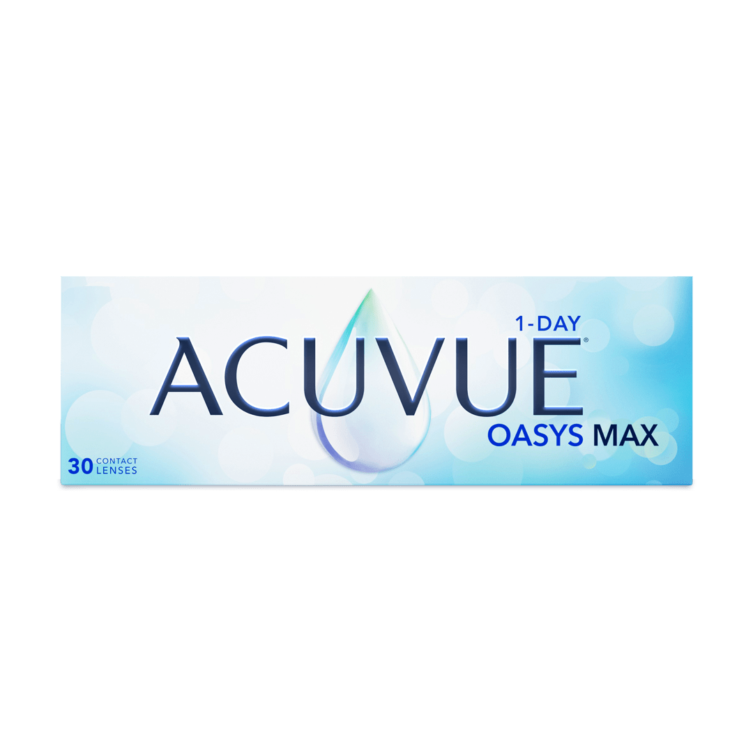 Une boîte de lentilles cornéennes Acuvue Oasys Max 1-jour, une marque populaire reconnue pour son confort et sa clarté visuelle exceptionnels