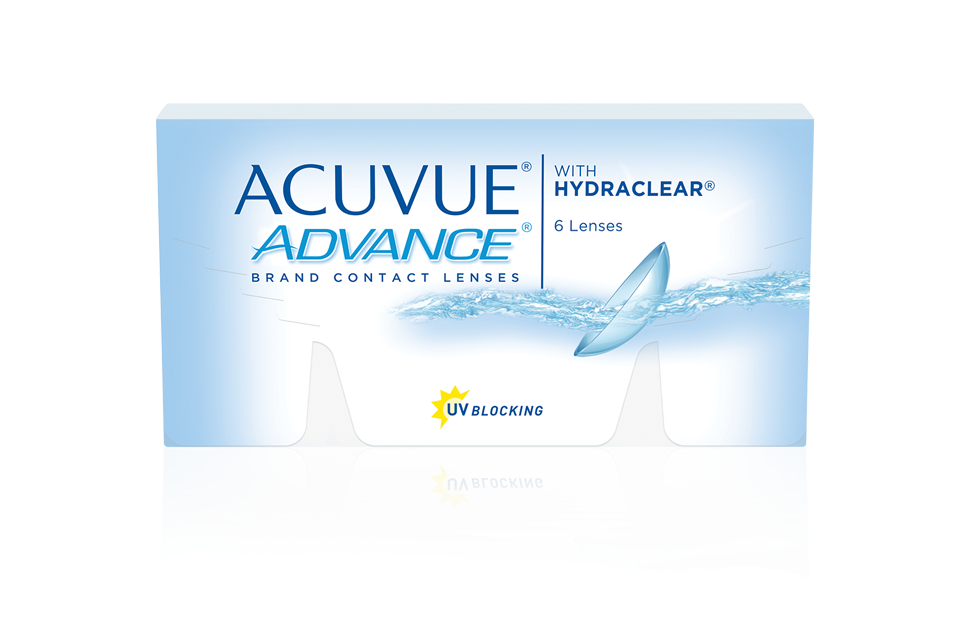 Box of 6 ACUVUE ADVANCE with HYDRACLEAR Technology contact lenses.