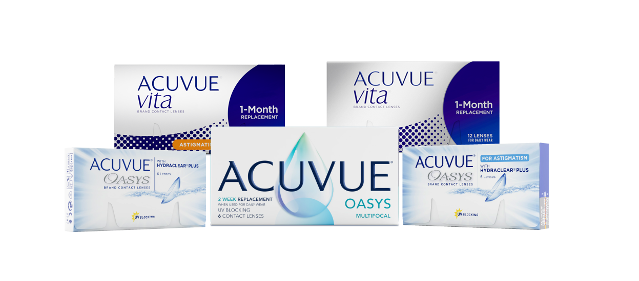 Assortment of ACUVUE[^®] contact lens boxes.