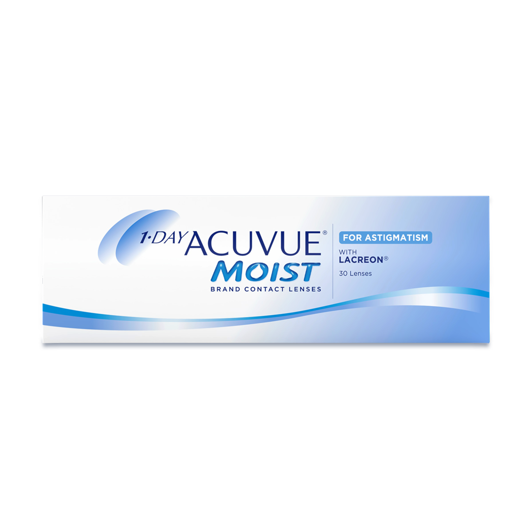 A box of 1-DAY ACUVUE MOIST for ASTIGMATISM contact lenses.