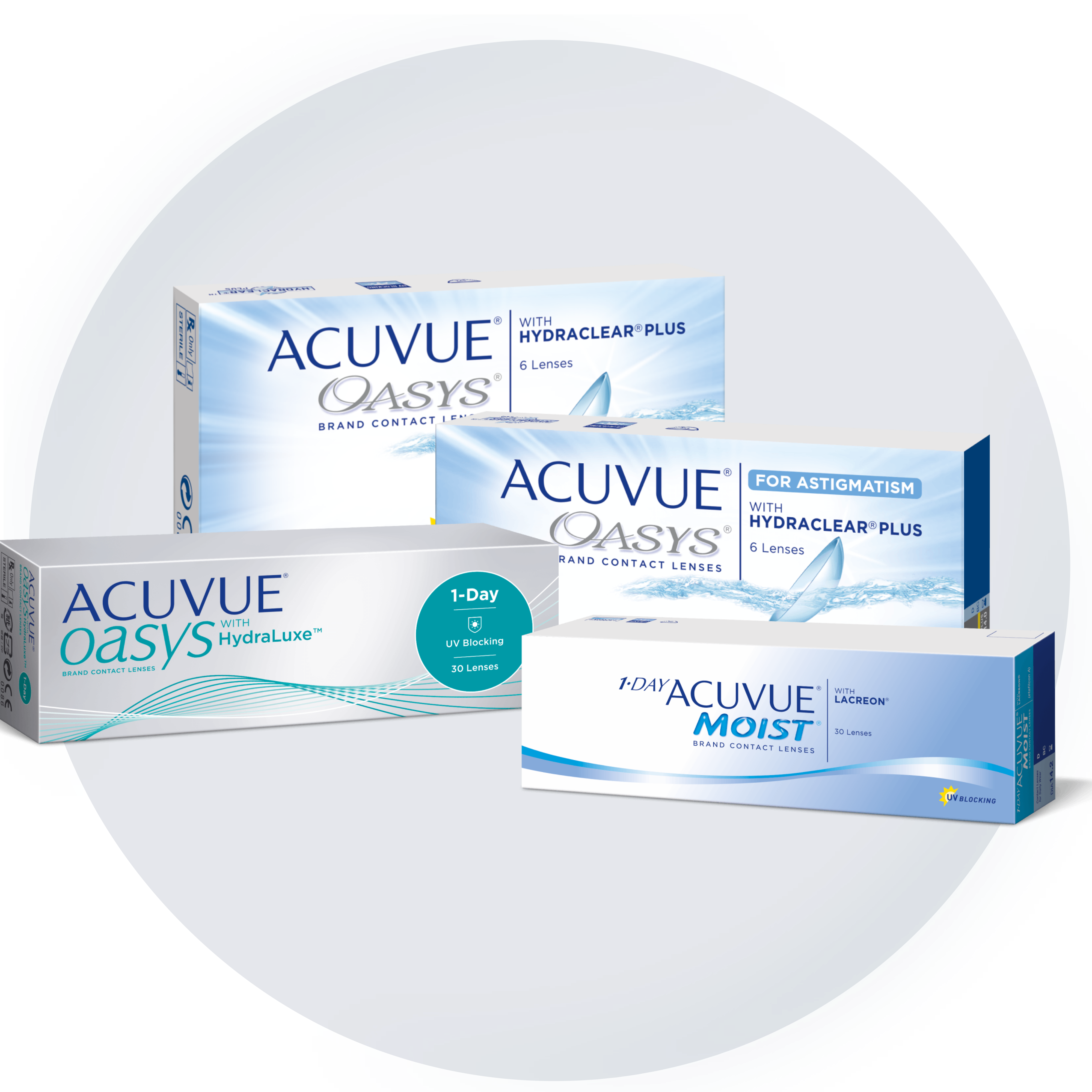 Упаковка продуктов семейства ACUVUE: ACUVUE Oasys 2-week, ACUVUE Oasys 1-Day, ACUVUE Moist 1-DAY, обрамленная кругом.