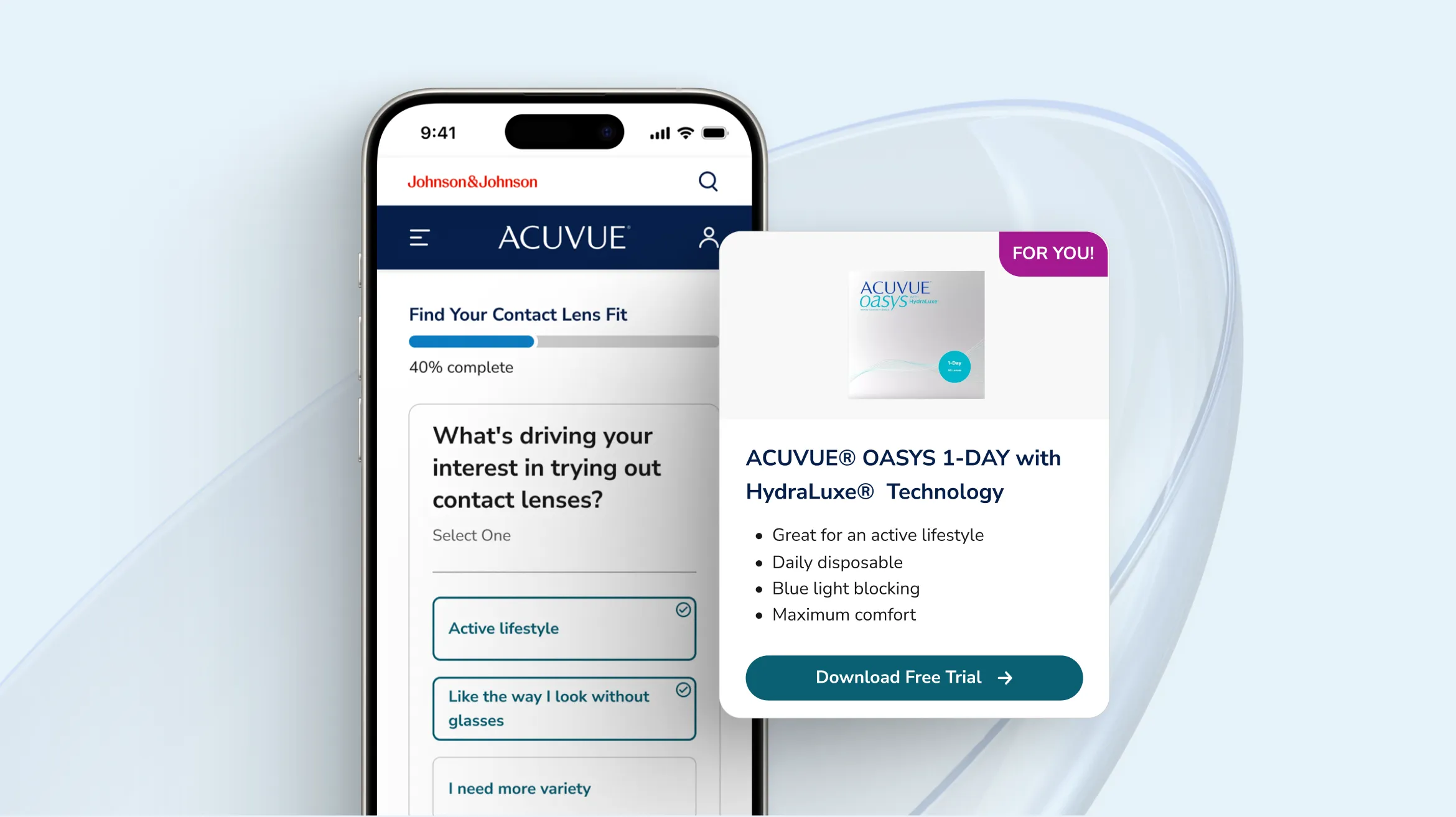 ACUVUE contact lens fitting quiz with personalized ACUVUE OASYS 1-DAY recommendation & free trial download option