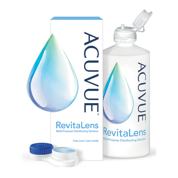 A box and bottle of ACUVUE RevitaLens Multi-Purpose Disinfecting Solution.