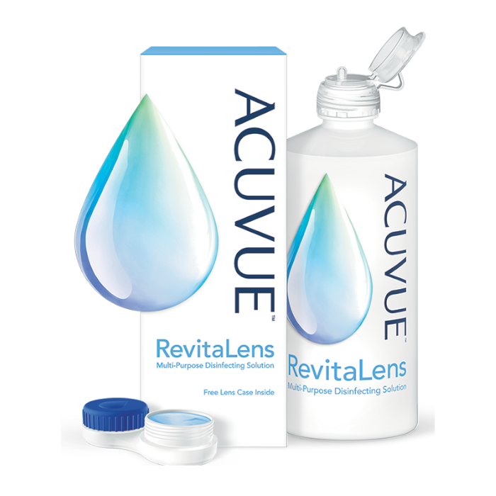 A box and bottle of ACUVUE® RevitaLens Multi-Purpose Disinfecting Solution