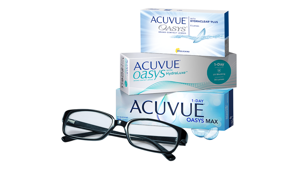 Очки и упаковки контактных линз семейств ACUVUE® OASYS и ACUVUE® OASYS MAX 1-Day