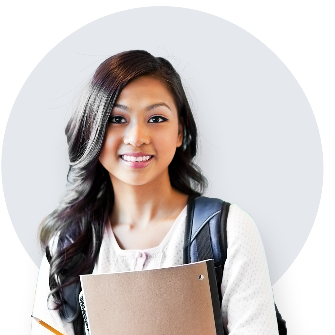 Asian student with long wavy hair and a long t-shirt, holding a folder and a pencil, carrying a black backpack on her back.