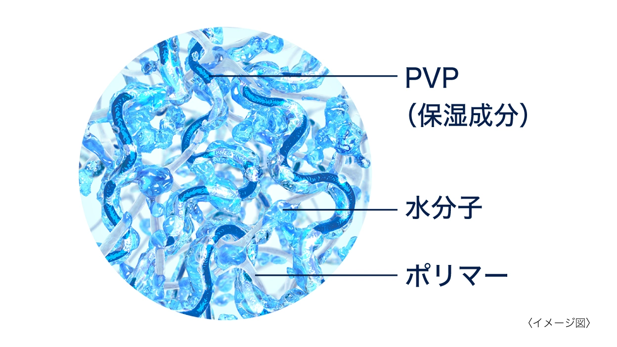 イメージ図：PVP（保湿成分）、水分子、ポリマー