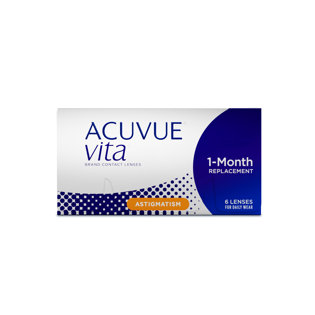 A box of ACUVUE VITA for Astigmatism contact lenses.