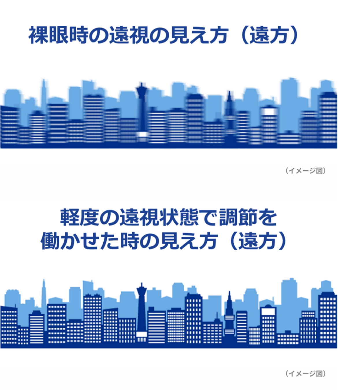 裸眼時の遠視の見え方(遠方) 軽度の遠視状態で調整を働かせた時の見え方(遠方) 裸眼時の遠視の見え方(遠方) 軽度の遠視状態で調整を働かせた時の見え方(遠方)