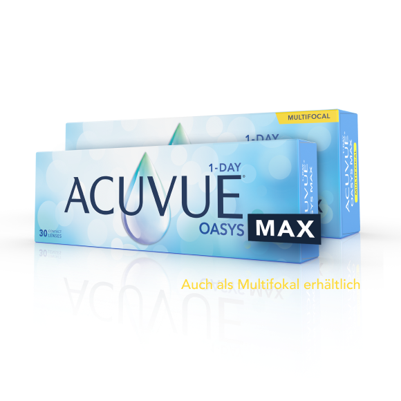ACUVUE® OASYS MAX 1-Day und Multifokal-Packshot auf marineblauem Hintergrund