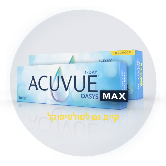 צילום אריזה של עדשות ACUVUE® OASYS MAX 1-Day ומאחוריה עדשות מגע מולטיפוקל מאותה הסדרה על רקע כחול