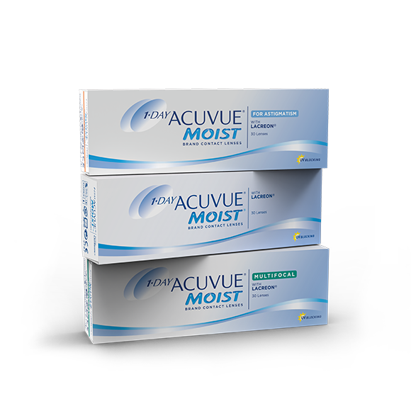 Tüm ACUVUE® MOIST günlük kullan-at Kontakt Lens ailesi ürünleri 