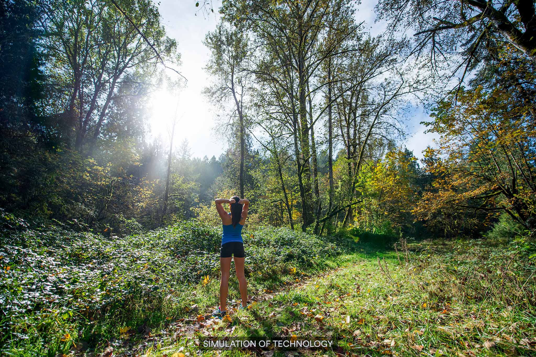 Une femme en randonnée dans la forêt, la lumière du soleil traversant les arbres, avec un objectif MAX