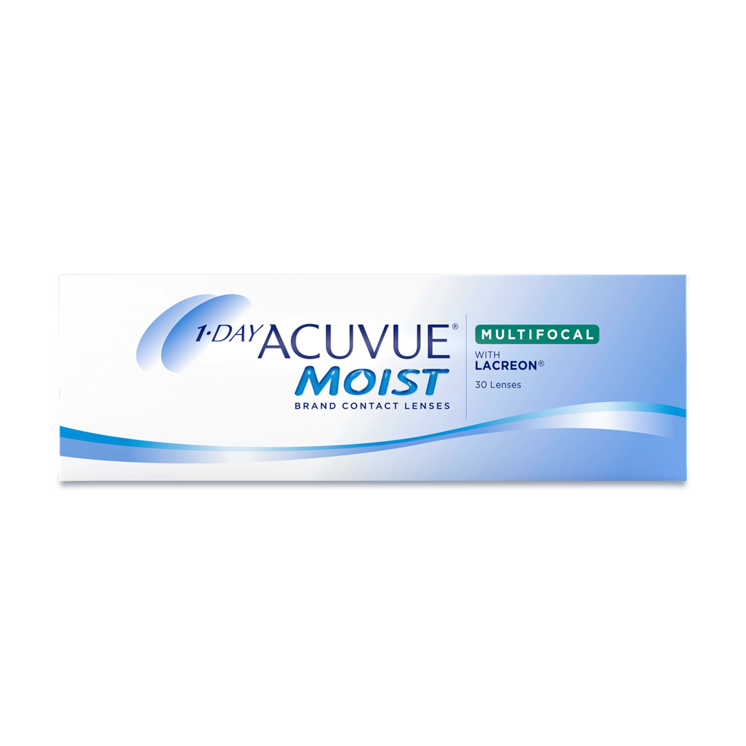 A box of 1-Day ACUVUE® MOIST Multifocal contact lenses.