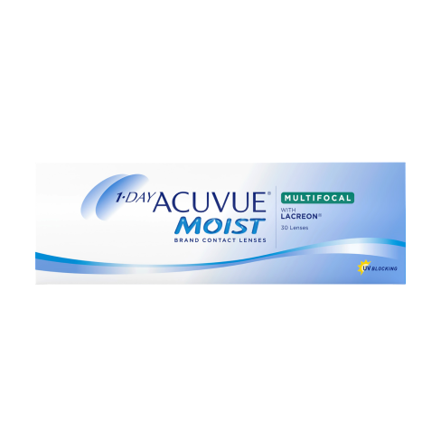 A box of 1-Day ACUVUE[^®] MOIST Multifocal contact lenses