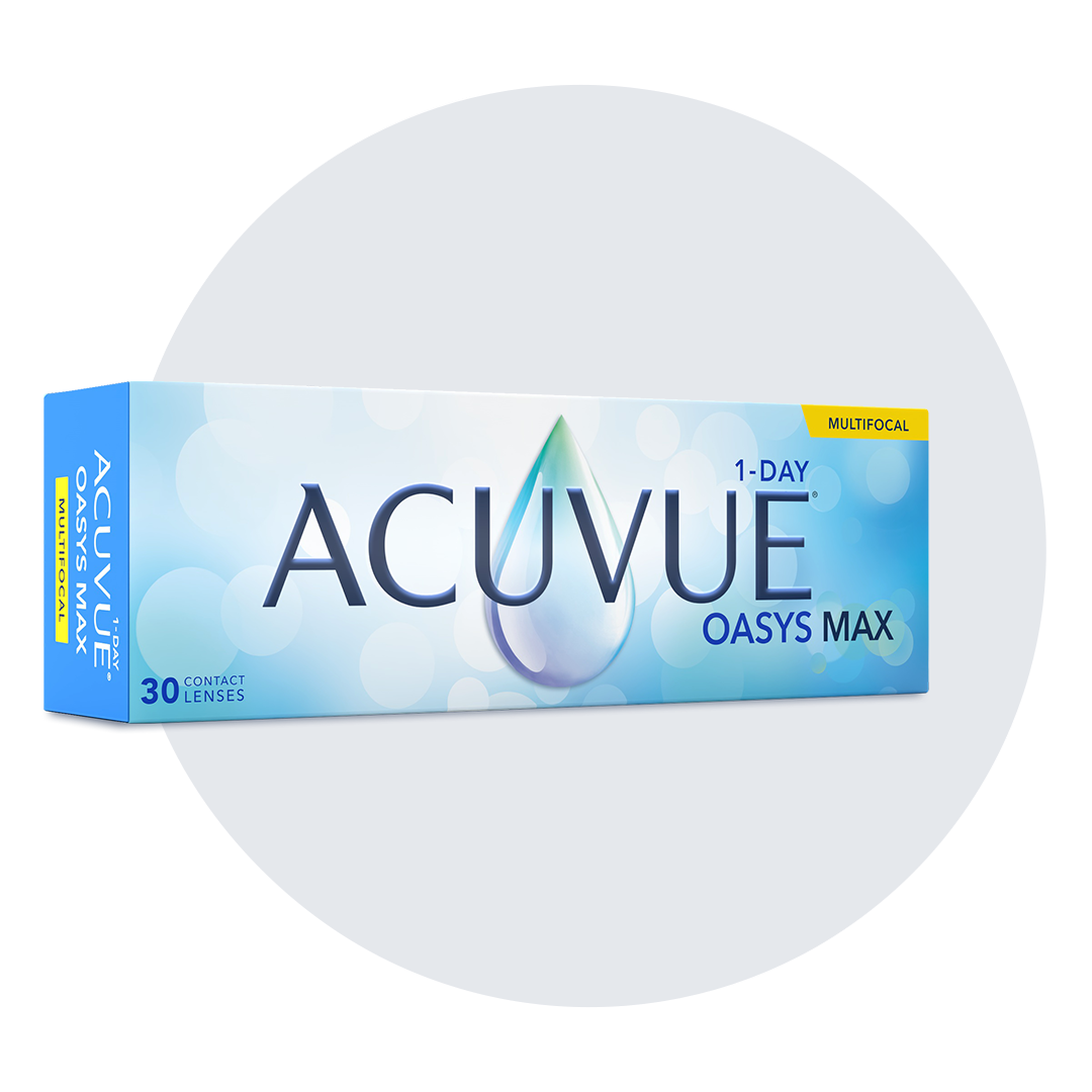 Boîte de lentilles cornéennes Acuvue Oasys Max 1-jour Multifocal. Une boîte de lentilles cornéennes Acuvue Oasys Max 1-jour Multifocal, une marque populaire reconnue pour son confort et sa clarté visuelle exceptionnels