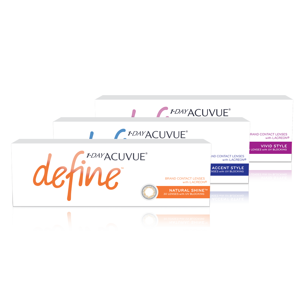 Boxes of three different styles of 1‐DAY ACUVUE® DEFINE®