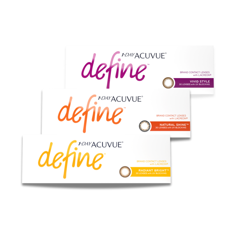 Boxes of three different styles of 1‐DAY ACUVUE® DEFINE®