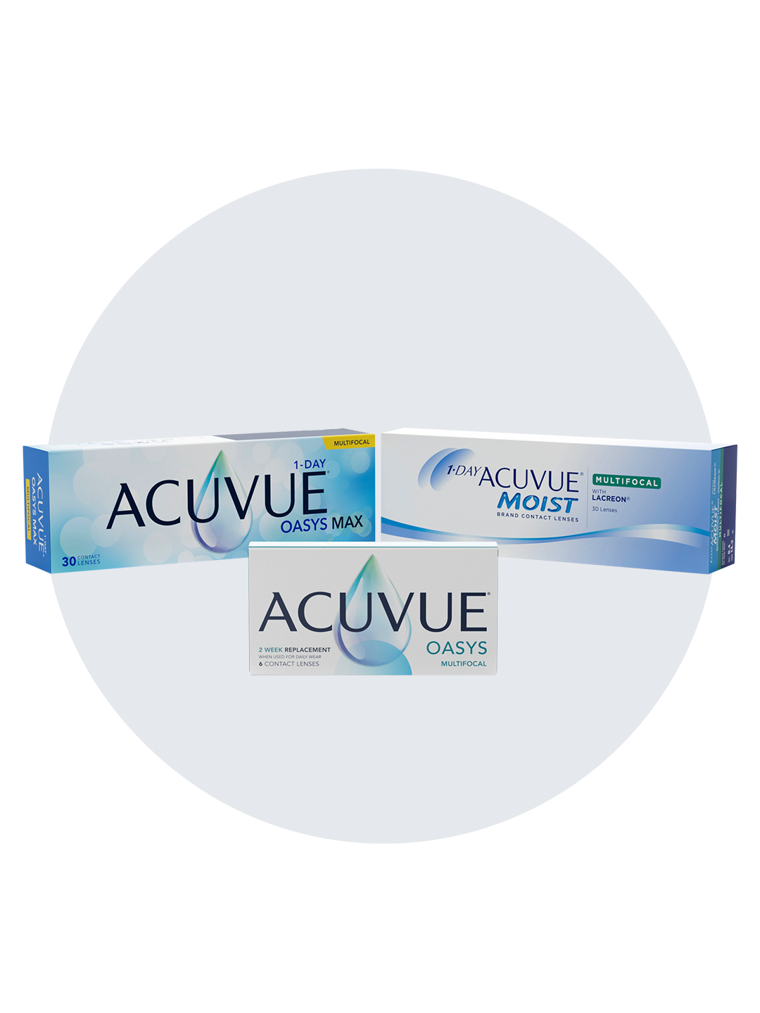 Three ACUVUE contact lens boxes.